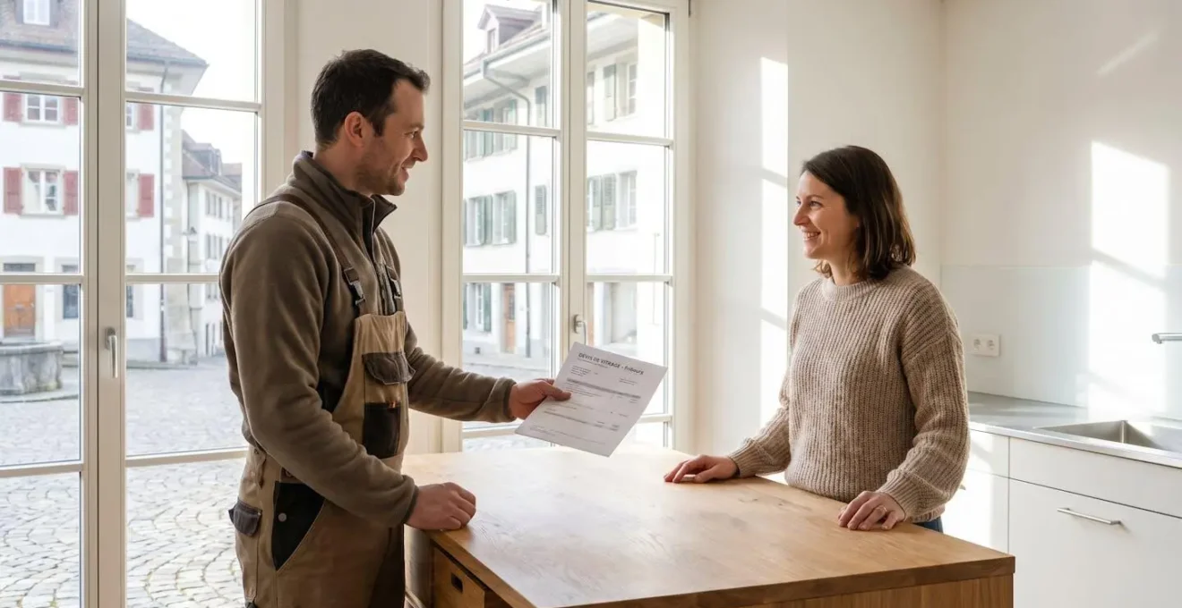 Artisan vitrier remettant un devis à un propriétaire dans une maison à Fribourg