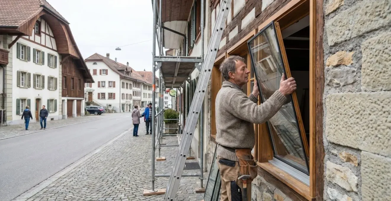 Artisan vitrier à Fribourg posant un nouveau vitrage sur une fenêtre de maison