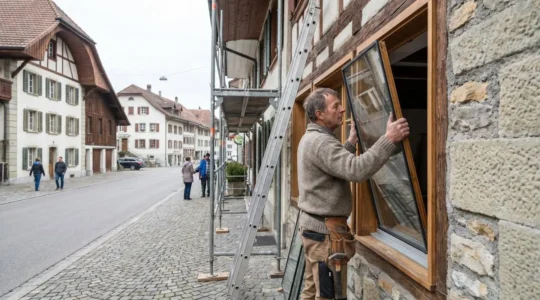 Artisan vitrier à Fribourg posant un nouveau vitrage sur une fenêtre de maison